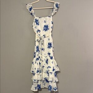 Floral Ruffle Midi Dress - Blue and White
